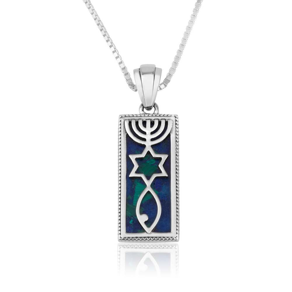 Messianic Silver with Azurite Stone Pendant Menorah David’s Star with Fish Symbol Jewelry