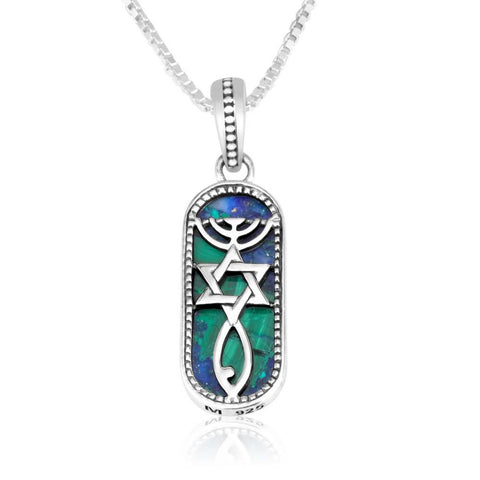 Messianic Silver Pendant with Azurite Stone Menorah David’s Star with Fish Jewelry from Holy Land