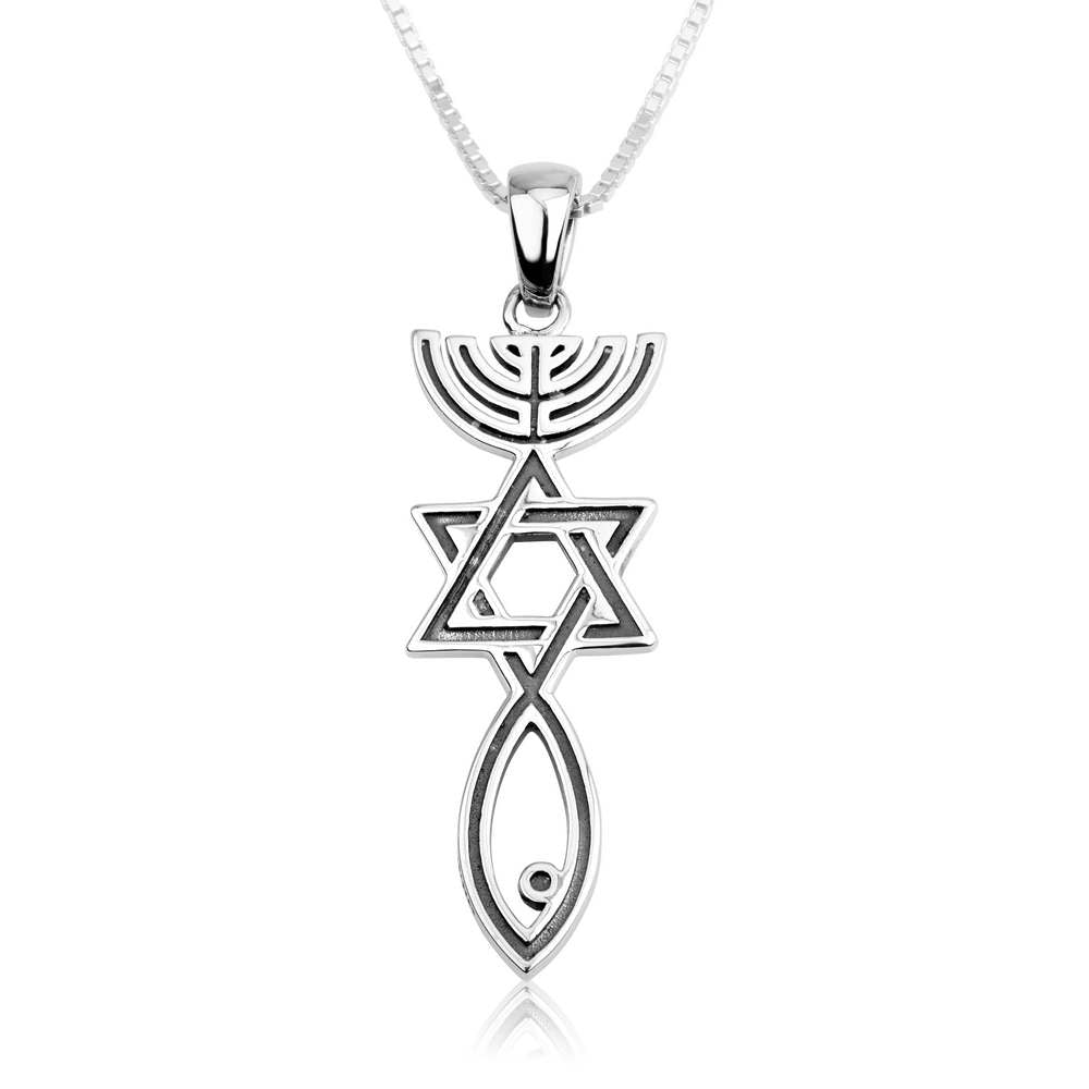 Oxidized Silver Pendant in a form of Menorah, Star of David, Fish