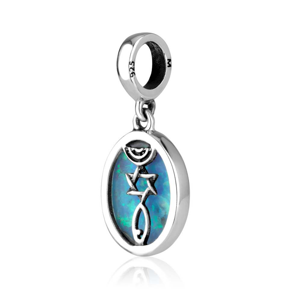 Messianic Silver Pendant with Blue Opal and Menorah symbols, Stars of David and Fish