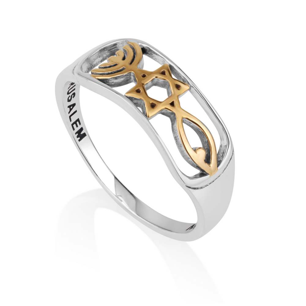 925 Sterling Silver ring Decorated with Messianic symbol, Grafted In in silver plating with gold highlights